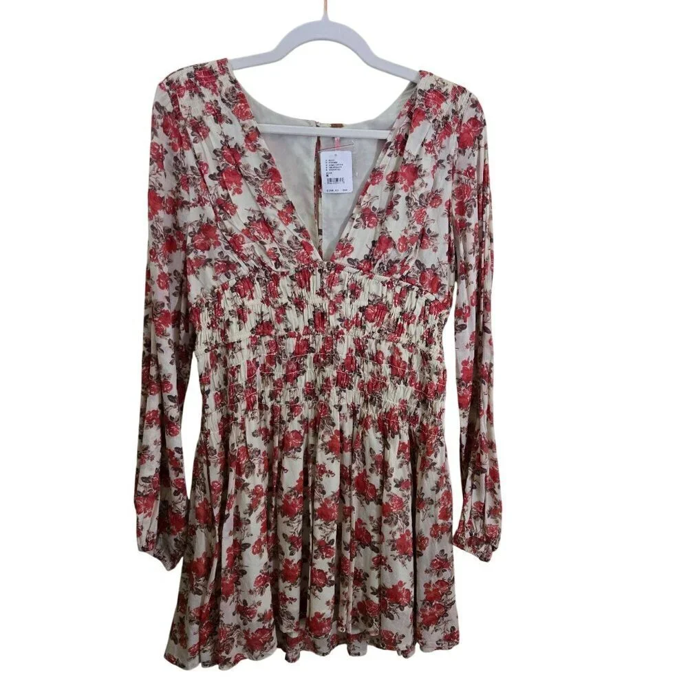 Free People Keep You Smocked Mini Dress Long Balloon Sleeve V Neck Size M